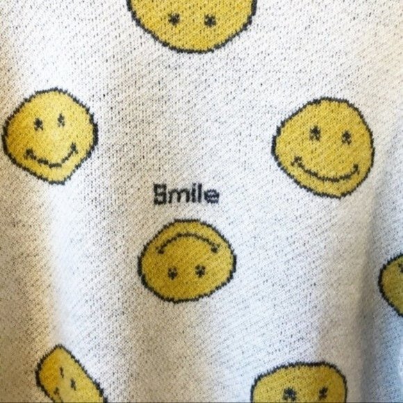 Happy Face Graphic Cozy Knit Pullover Sweater Long Sleeves Soft Knit One Size - Picture 2 of 3